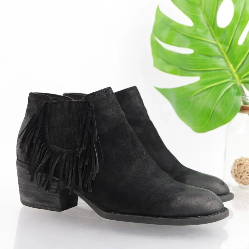 Born Womens Danni Boots Size 11 Black Suede Distress Fringe Booties‎ Block Heels
